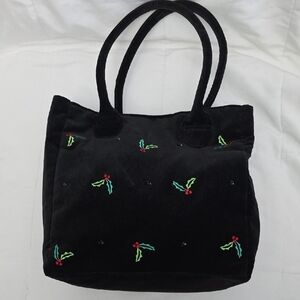 90's Black Velvet Tote Bag with Embroidered Holly Design